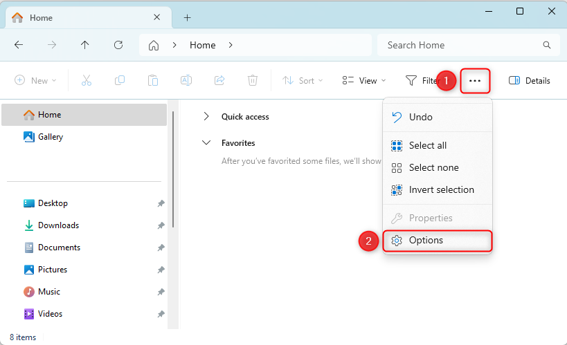 The File Explorer 'Options,' accessed via the three dots on the ribbon in File Explorer.