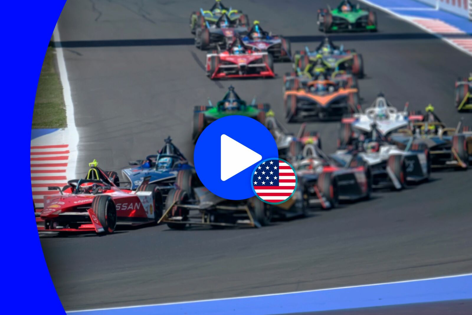 Formula 1 cars in the Formula E race with a play icon and the USA flag
