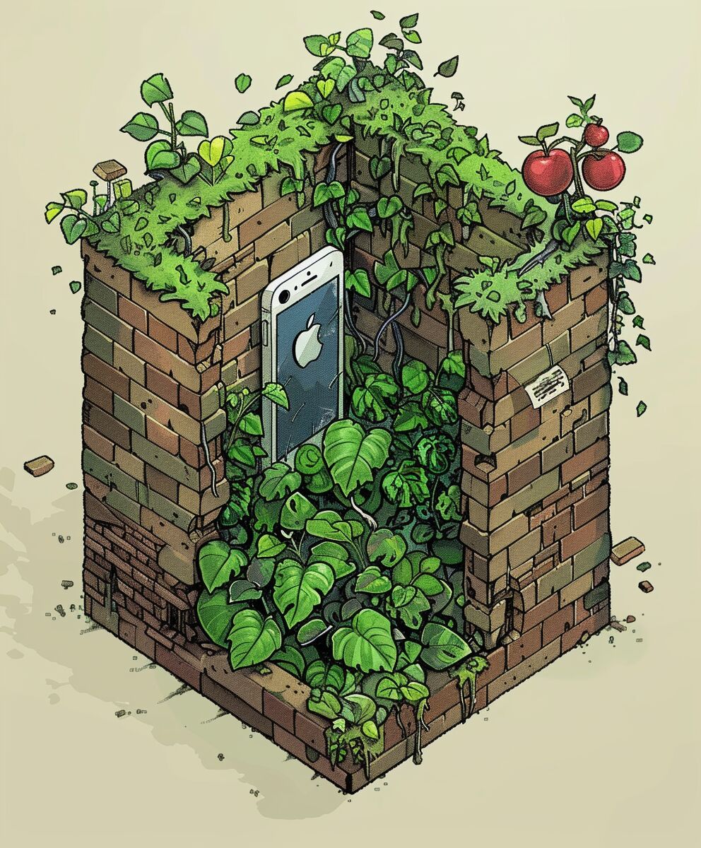 AI generated isometric pixel art representation of an apple iphone inside a walled garden