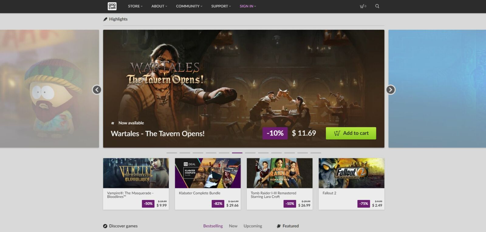 GOG.com store homepage with banner for new release game Wartales and a highlighted deal for others games