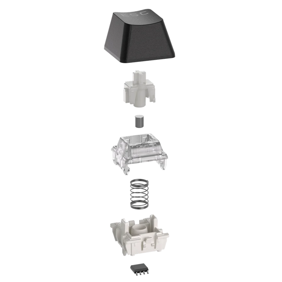 An exploded view of a Hall Effect keyboard switch assembly.