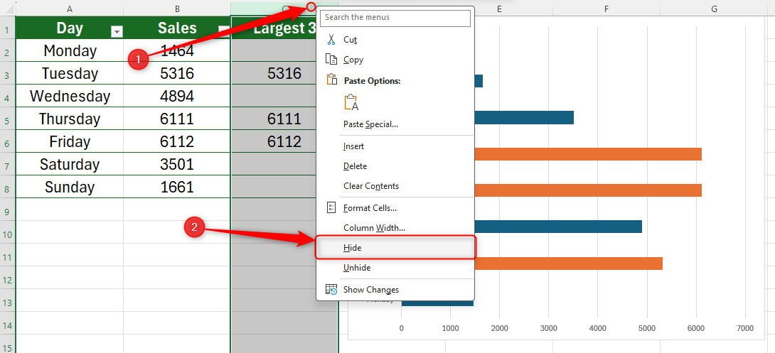 Column C selected with a right-click, and 'Hide" highlighted in the drop-down options.