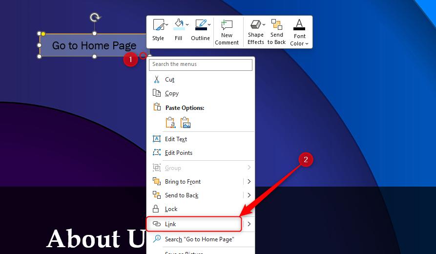 A PowerPoint slide with an object containing the text 'Go to Home Page,' and the right-click menu highlighting the 'Link' option.
