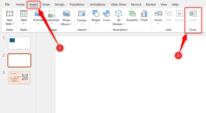 The PowerPoint desktop app with 'Insert' on the ribbon and 'Forms' in the Forms group selected.