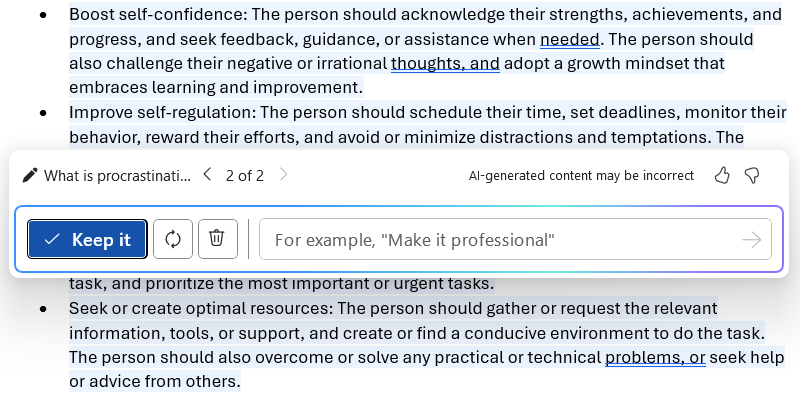 Prompt to keep, regenerate, or delete Copilot output in Microsoft Word.