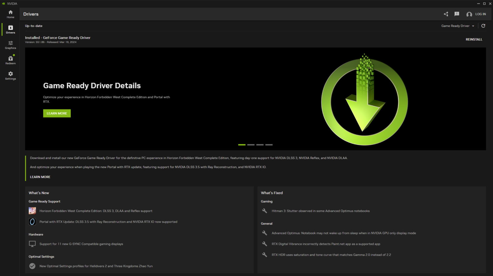 Driver section of the NVIDIA app.