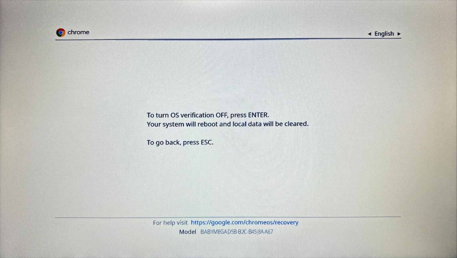 Warning about OS verification in ChromeOS Recovery Mode