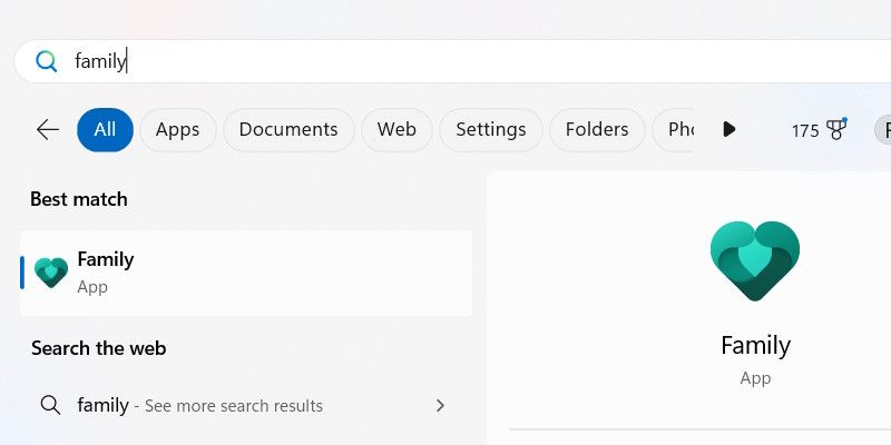 Opening the Family app on Windows 11.