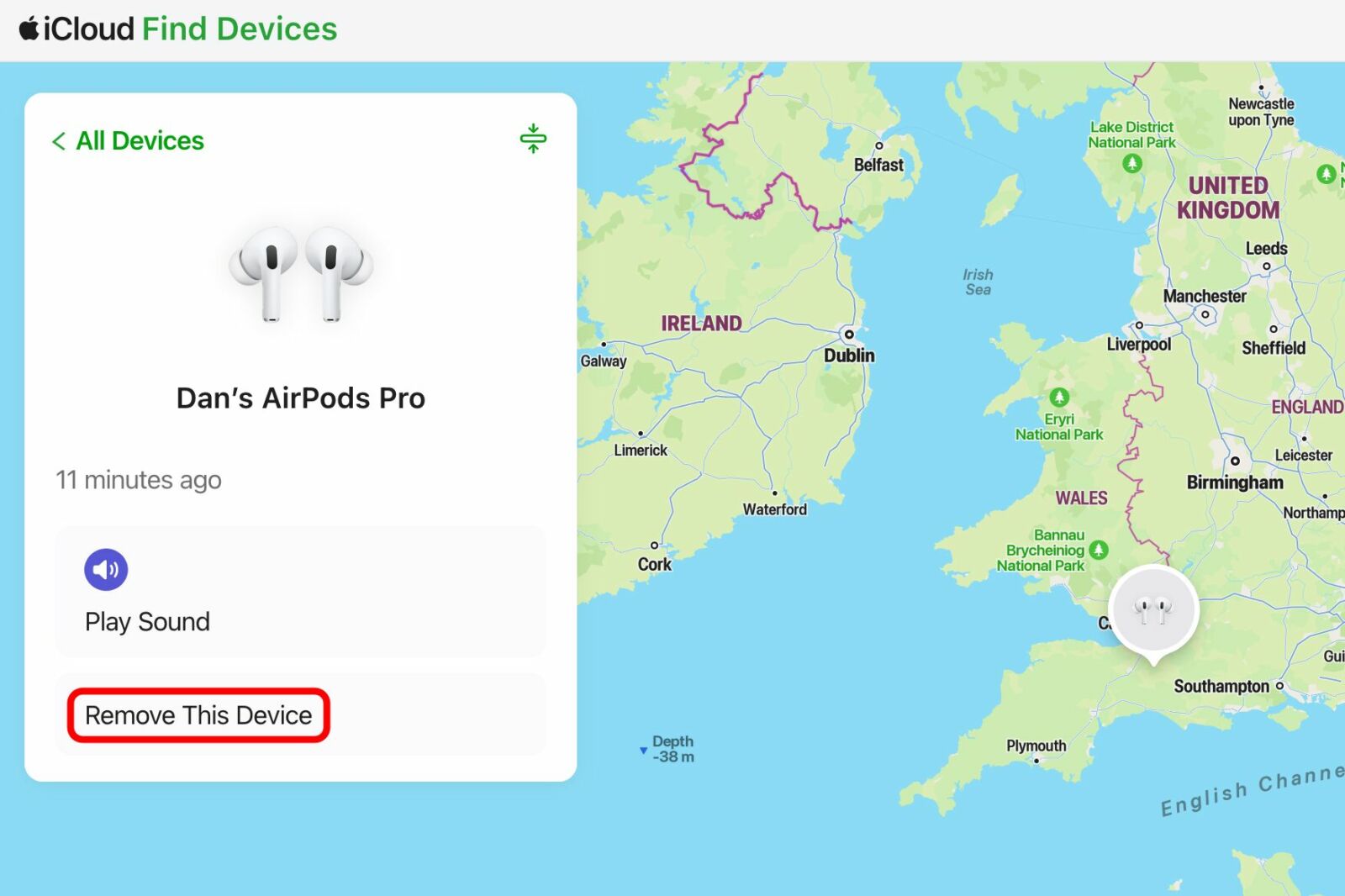 Option to remove AirPods from iCloud Find My page.