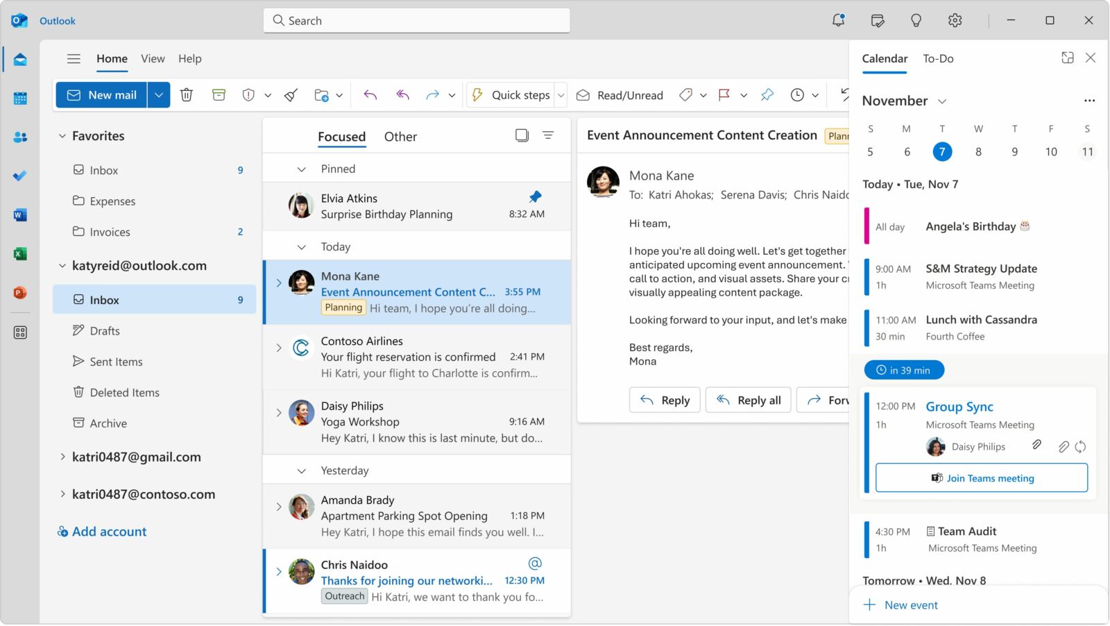 Screenshot of Outlook with an email open and a calendar sidebar.