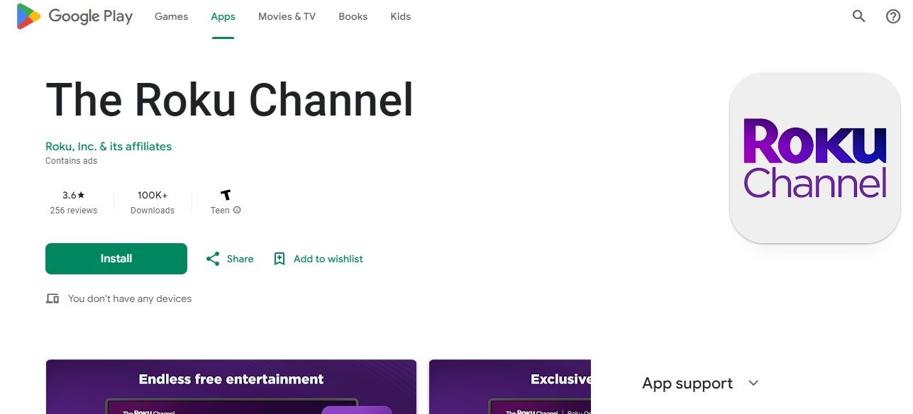 Click intall to get Roku channel on Google Play