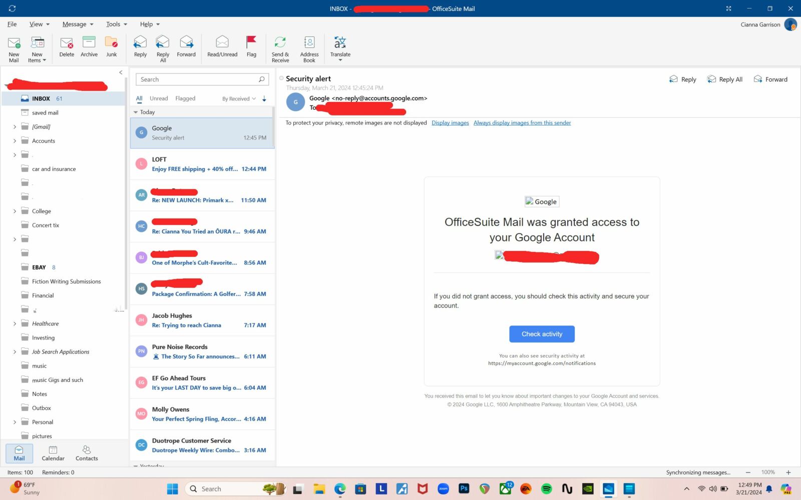 A screenshot of an email inbox using OfficeSuite's Mail app.