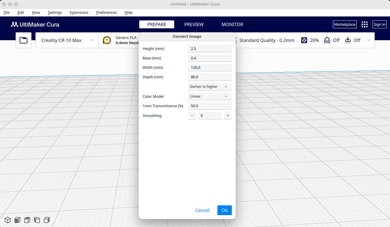 Ultimaker Cura image conversion menu.