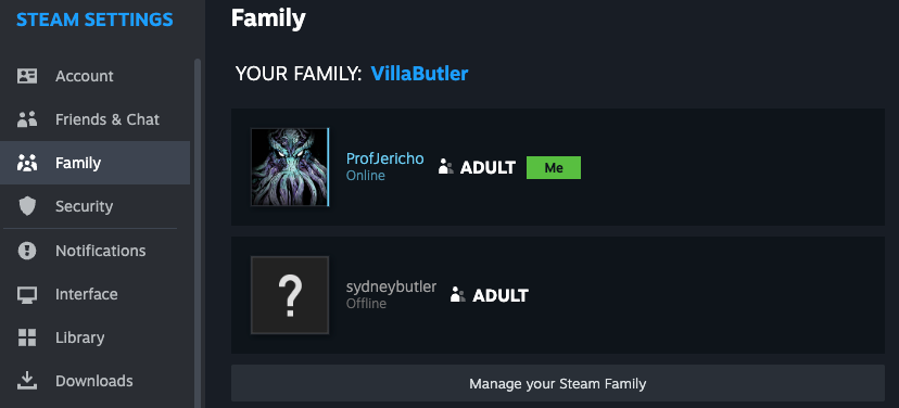 Steam's 'Manage Family' menu