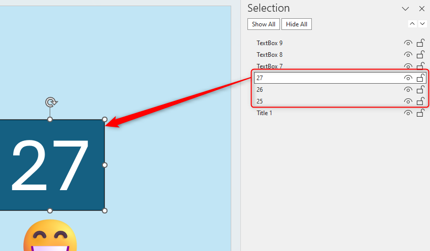 A PowerPoint presentation's Selection Pane with three items renamed to 27, 28, and 29.