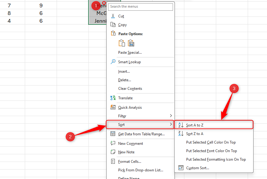 An Excel spreadsheet with data in Table 2 selected, and the Sort A to Z option highlighted.