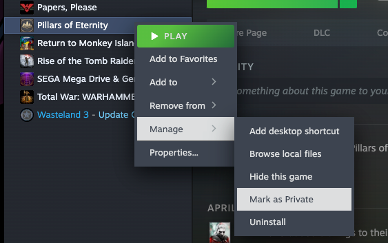 Steam 'Mark as private' option