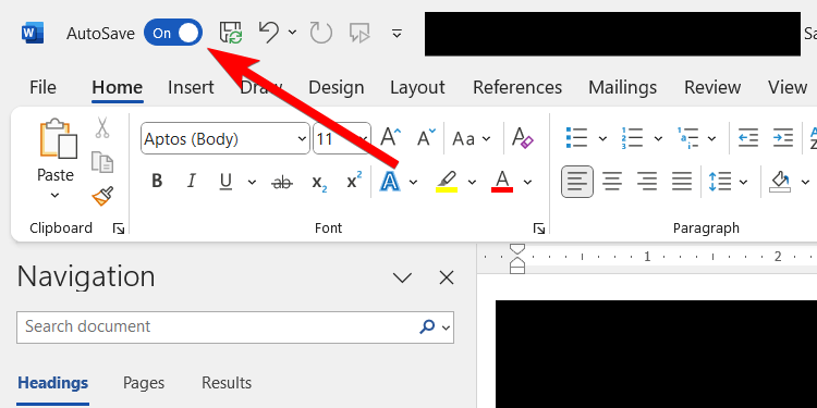 Turning on "AutoSave" in Microsoft Word.