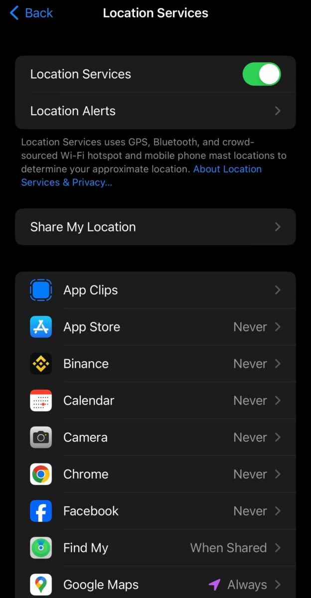 Turning on location services on iPhone.