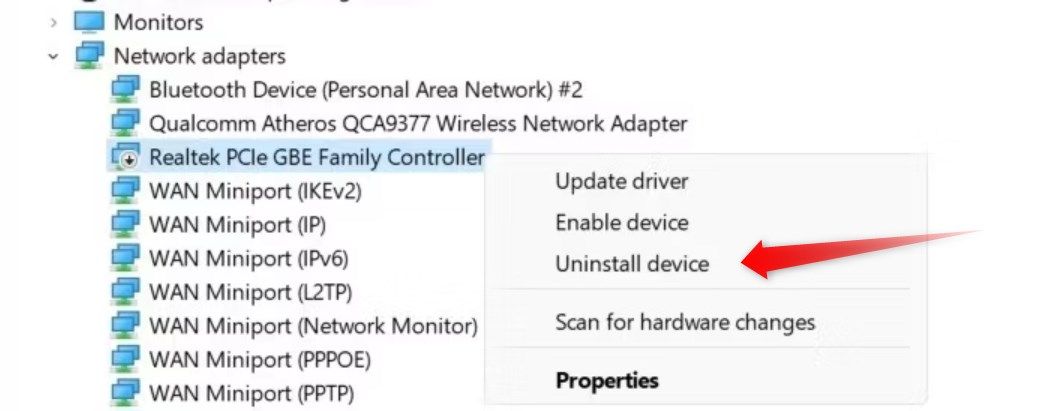 Uninstalling the ethernet driver in Device Manager.