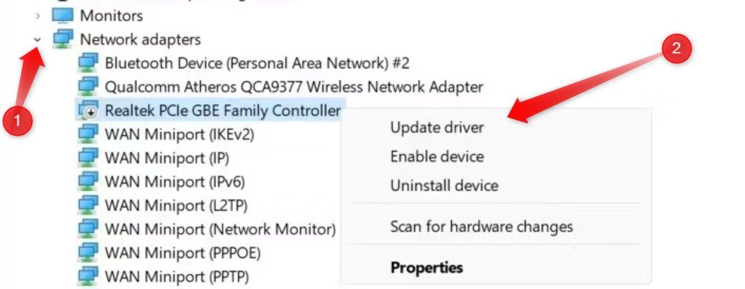 Updating the ethernet driver in Device Manager.