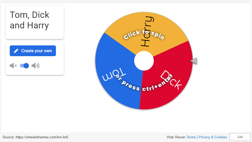 A wheel spinner containing three names (Tom, Dick, and Harry) on a PowerPoint slide.