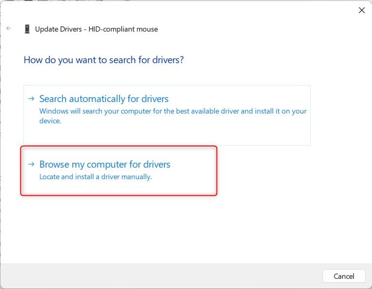 Windows 11 Update Drivers window highlighting 'Browse my computer for drivers' option.