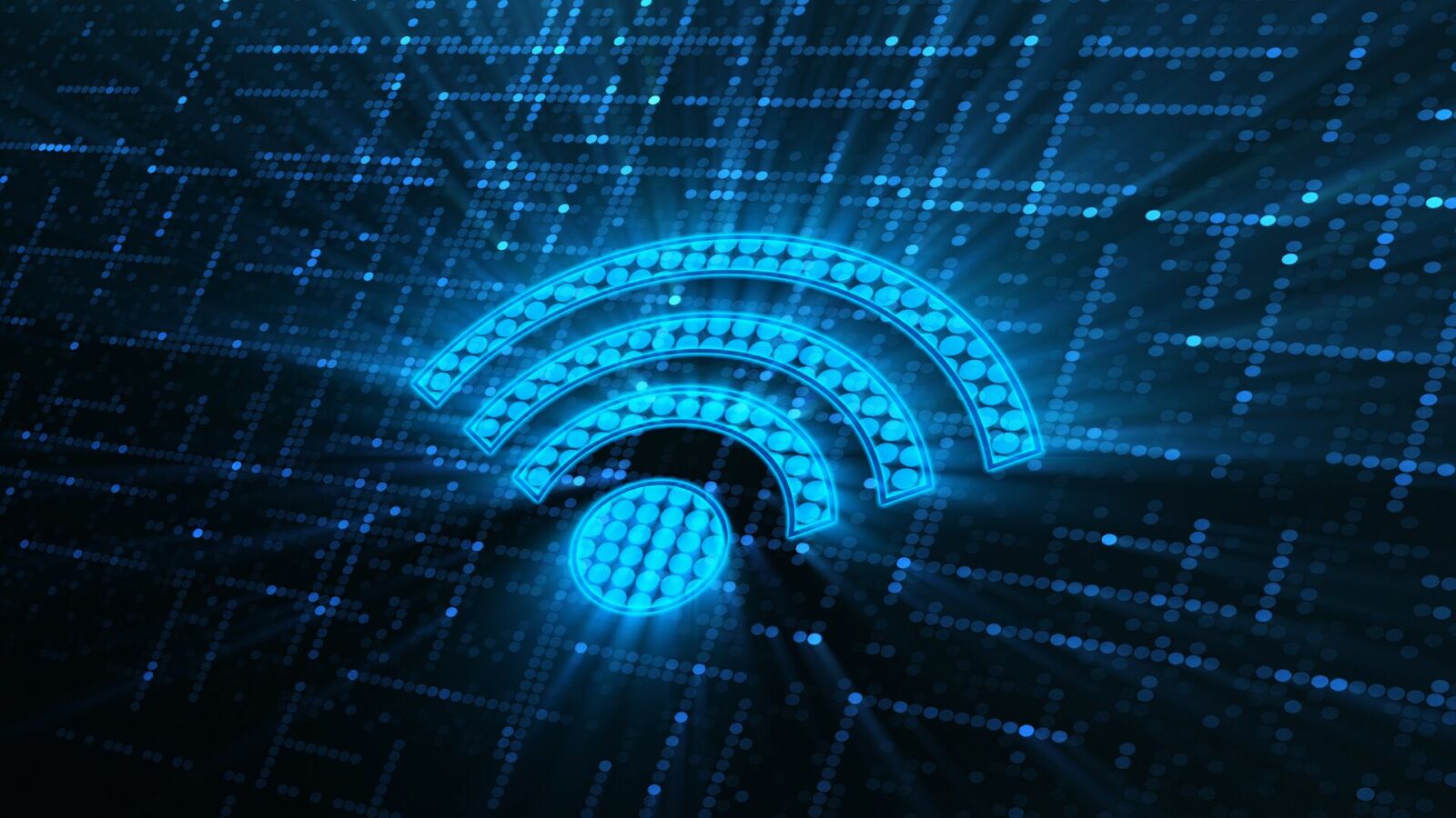 A Wi-Fi symbol over a digital, matrix-like background.