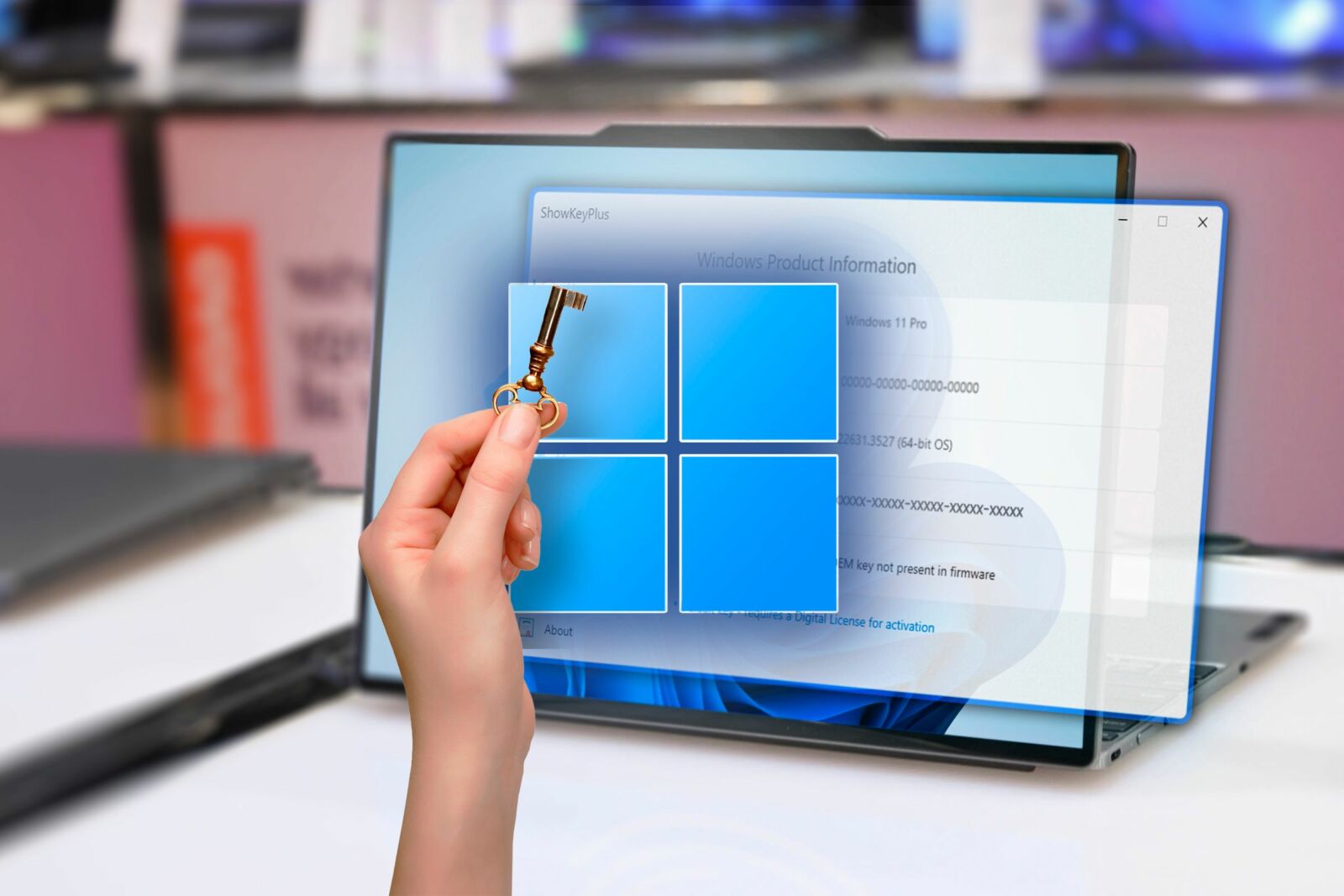 A hand holding a key with the Windows logo in the center of the screen.