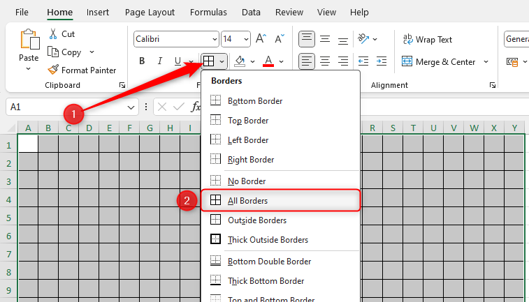 An Excel grid with 'All Borders' selected.