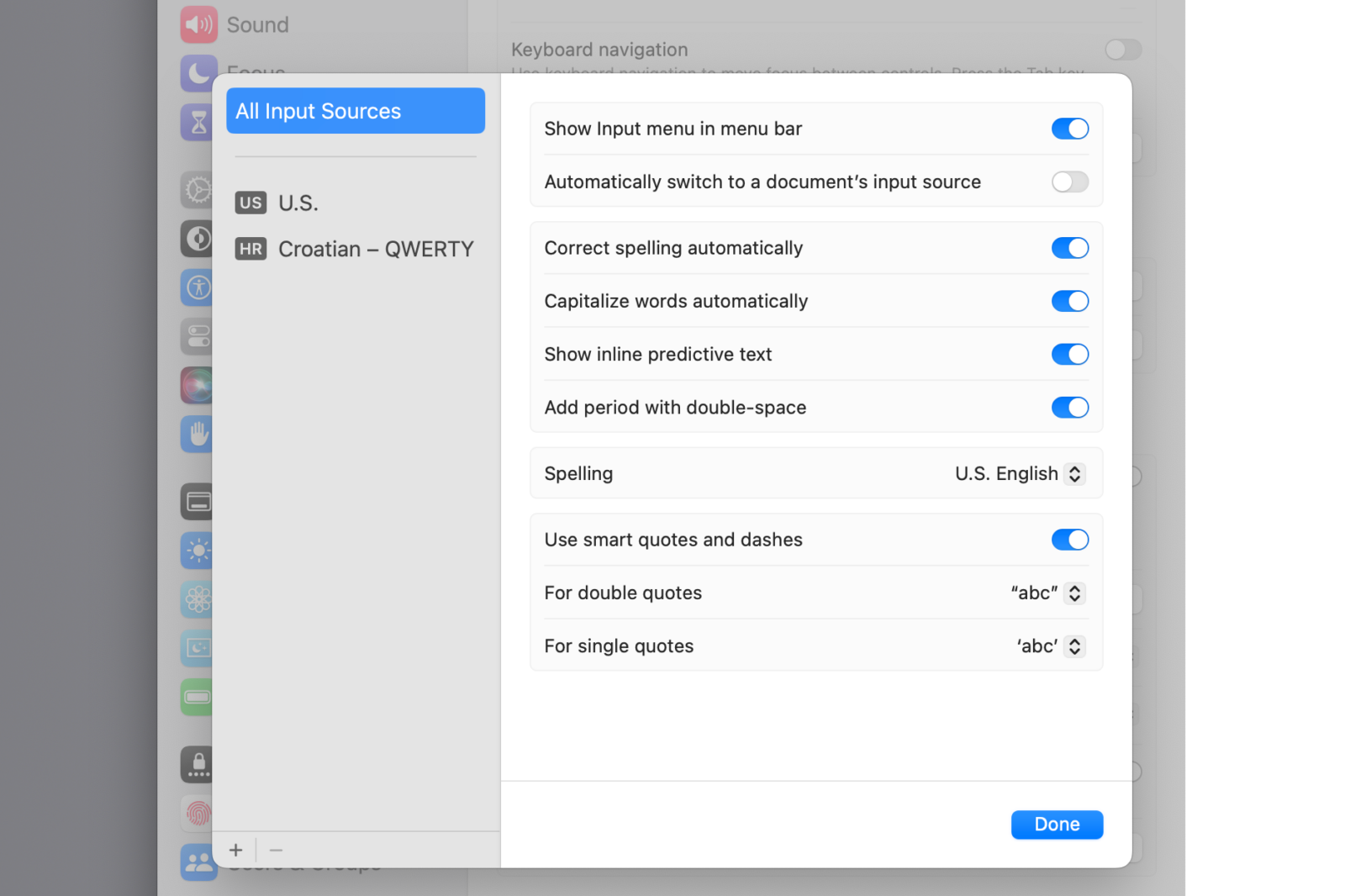 macOS System Settings displaying options for the keyboard input sources.