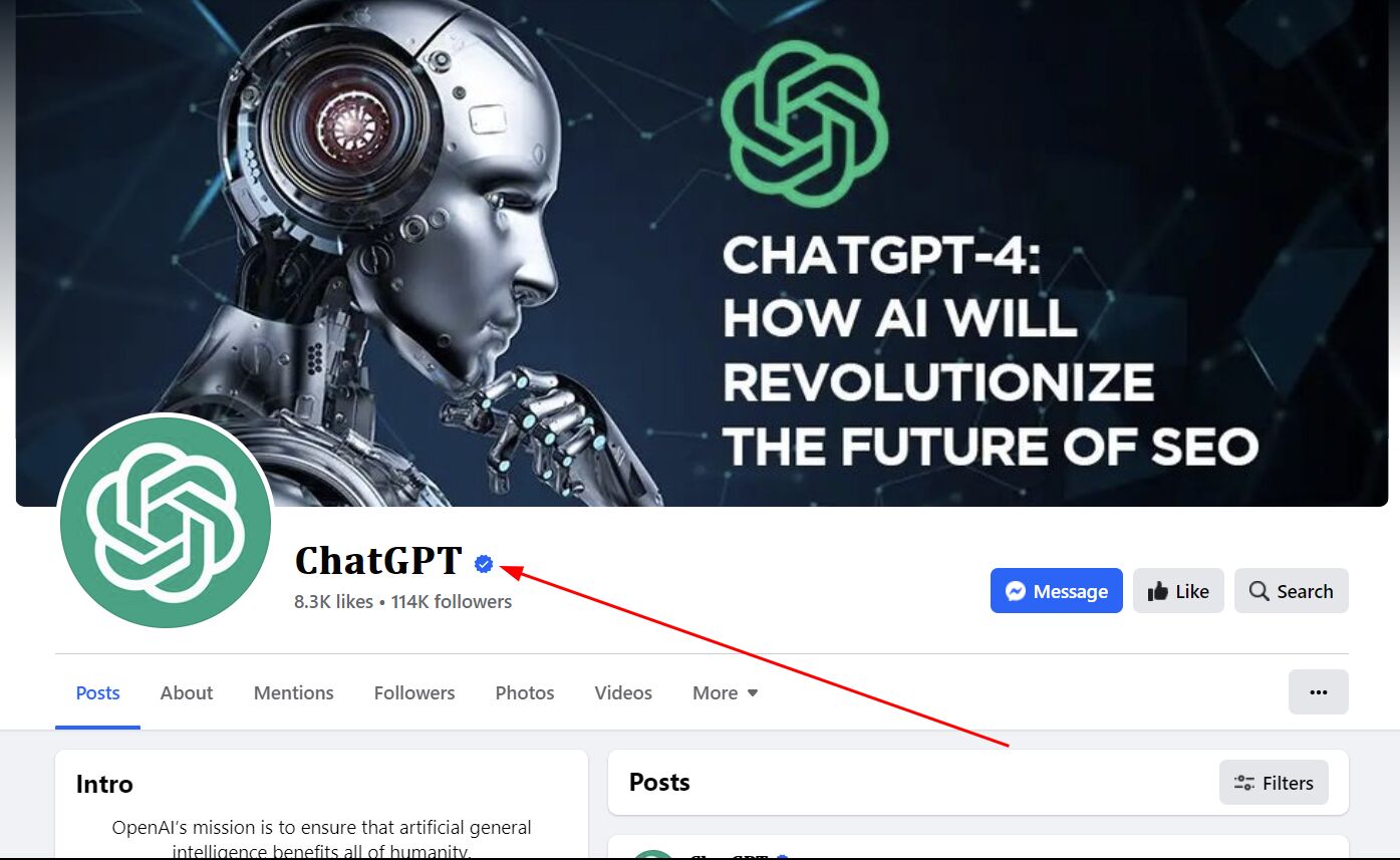 An example of ChatGPT' official Facebook page verified by Meta
