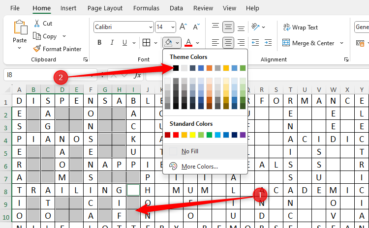 An Excel sheet containing a cross-grid of words, and the empty cells are selected. The color-fill drop-down is opened and 'black' is highlighted.