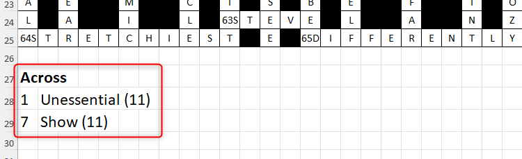 An Excel sheet with two crossword clues typed underneath the main grid. Each clue has a square reference number, a hint, and the number of letters in brackets.