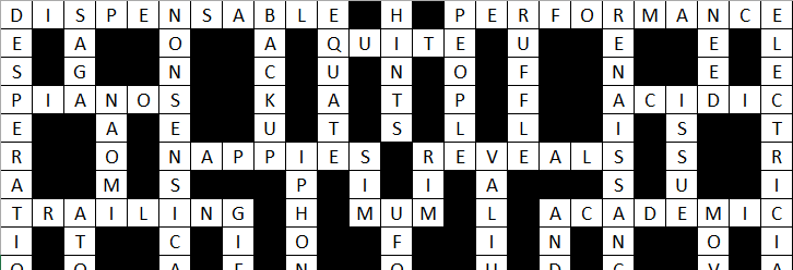 An Excel sheet containing words in the form of a crossword and the empty cells colored black.