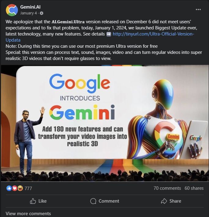 A fake Facebook page promoting malware disguised as a new updated Gemini AI