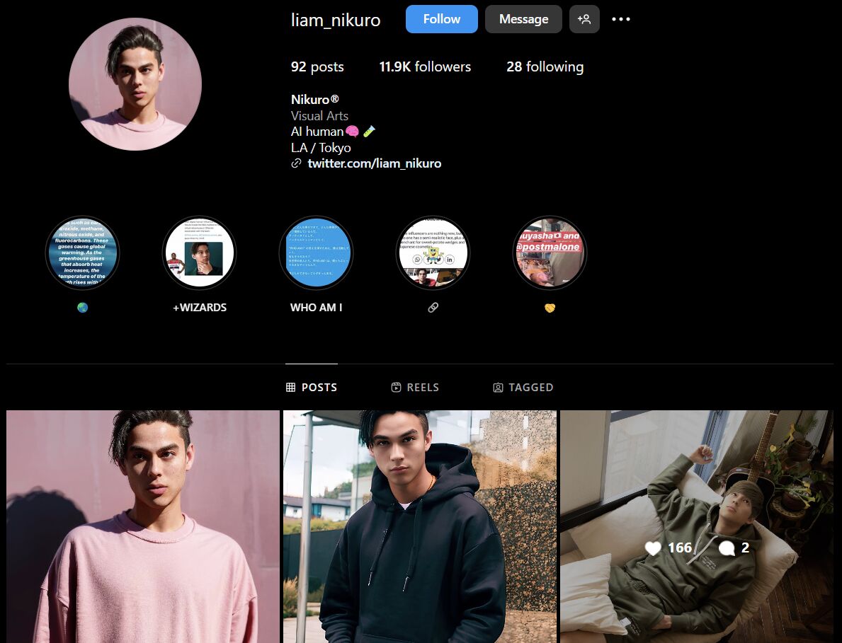 A snapshot of the Instagram profile of Liam Nikuro, an AI influencer who doesn't exist in real life