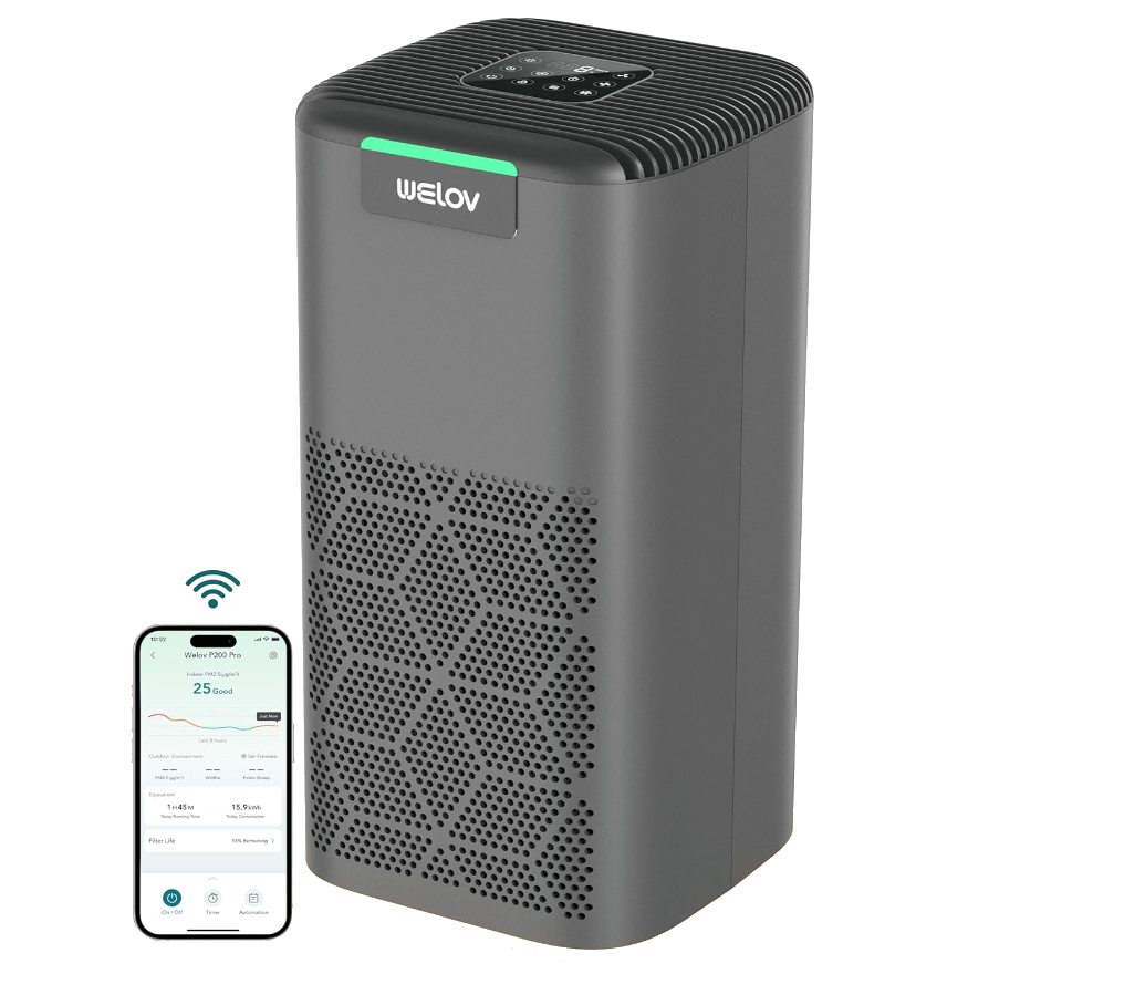 A WELOV P200 Pro air purifier with a smartphone displaying the AiDot app.