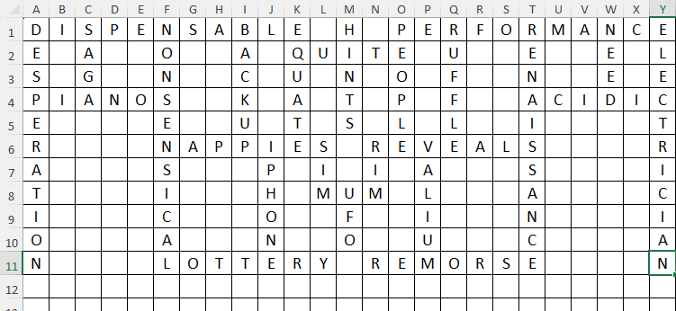 An Excel sheet with a crossword grid and some words added.