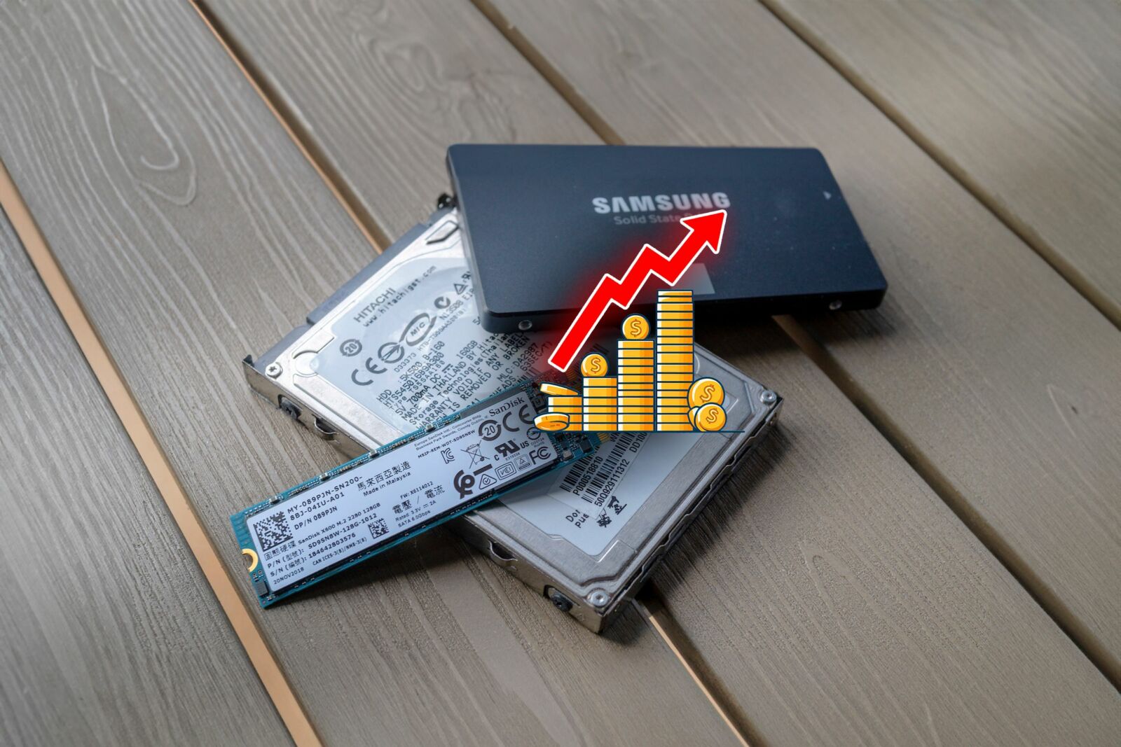 Three hard drives on a wooden surface and a chart representing the price increase.